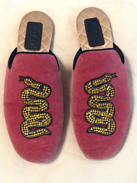 Gucci Shoes - Gucci Rose Pink Velvet Beaded Snake Mules